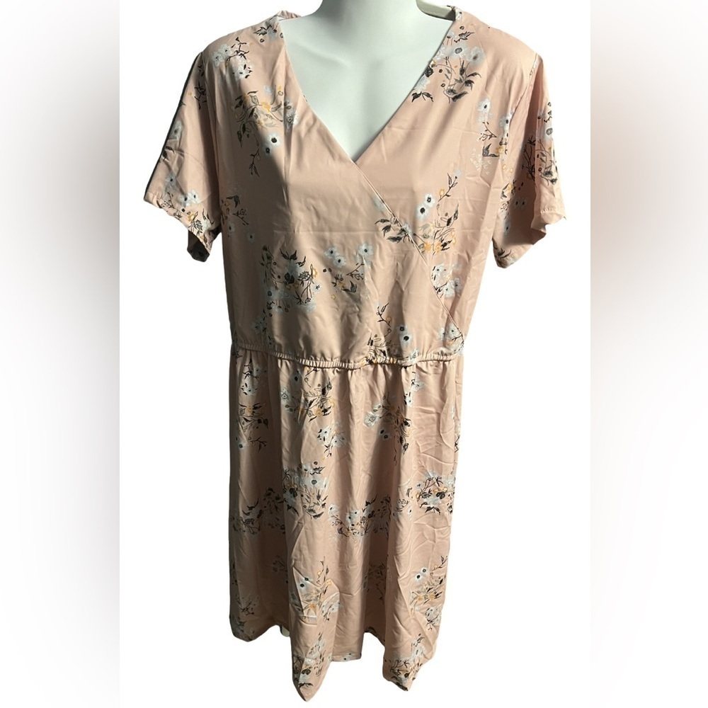 Marie Nicole pink floral, silky, short sleeve V-neck midi dress. NWT.